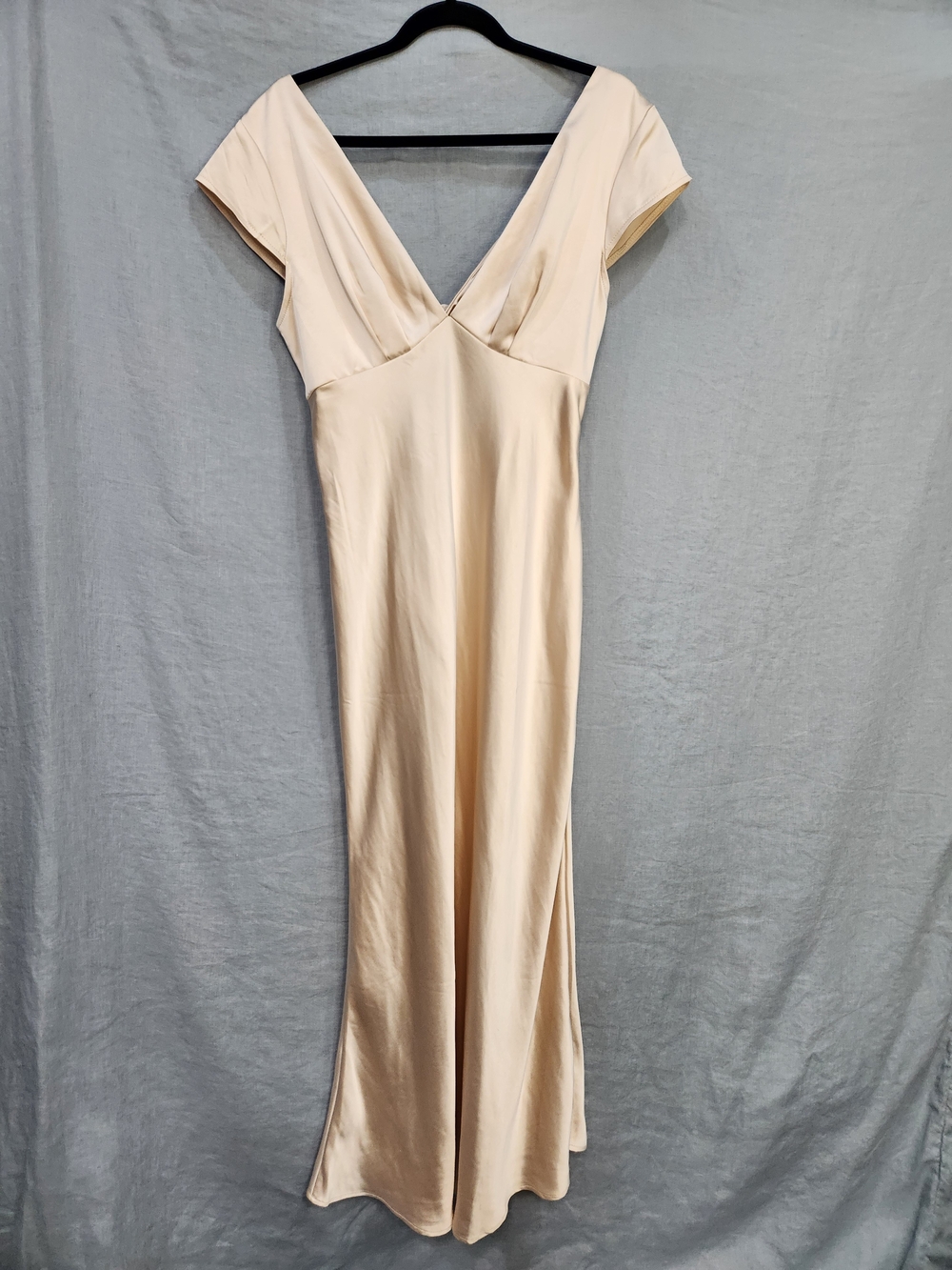 NWT Halfisland Satin Champagne Cap Sleeve V-Neck Formal Dress Size L